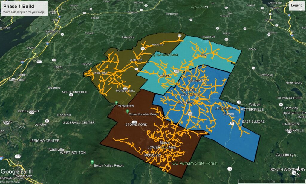 Lamoille County map showing colored sections and routes for network construction schedule in Phase I